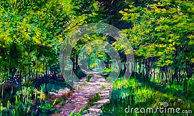 An impressionist style image of a forest with trees and a footpath running through it Stock Photo