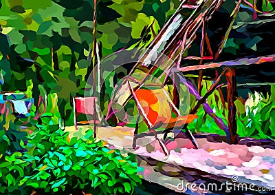 An impressionist painting style image of a garden with walkway bridge, chairs and plants Stock Photo