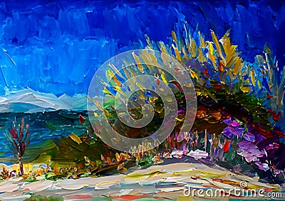 An impressionist painting style image of a sandy dune beach with bull rushes Stock Photo