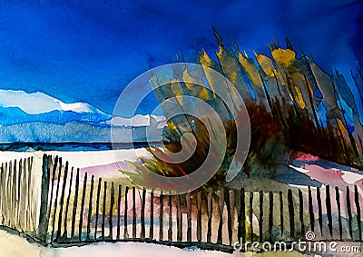 An impressionist painting style image of a sandy dune beach with bull rushes Stock Photo