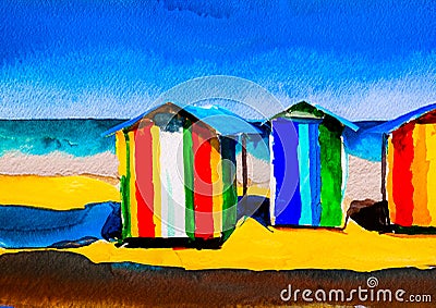 An artistic sketch showing colourful beach huts by the seaside Stock Photo