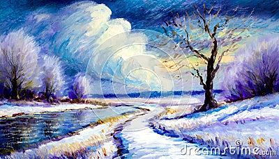 An artistic generated image inspired by a impressionist painting of a winter landscape Stock Photo