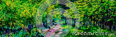 An impressionist style image of a forest with trees and a footpath running through it Stock Photo