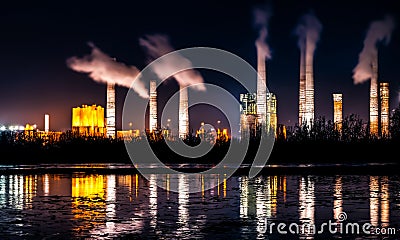 Industrial landscape with smoking chimneys and reflection in water at night Stock Photo