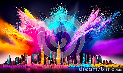 Colorful powder creates a magical explosion futuristic cityscape Stock Photo