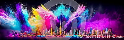 Colorful powder creates a magical explosion futuristic cityscape Stock Photo