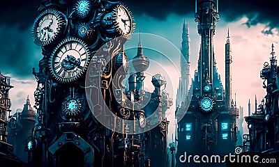 Fantasy industrial city scene with clock towers, gears and mechanisms Stock Photo