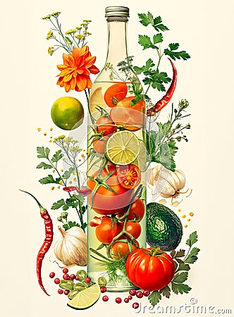 Artistic Infusion of Vegetables and Herbs in Oil Bottle. Healthy food concept Stock Photo