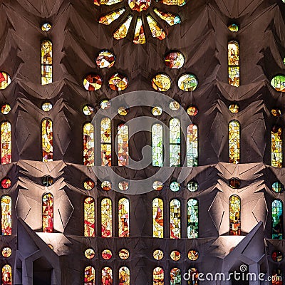 an artistic and interesting image inside a building, with stained windows Stock Photo