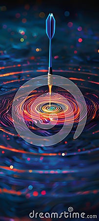 An artistic interpretation of achieving goals with a single glowing dart perfectly aligned with the center of a conceptual Stock Photo