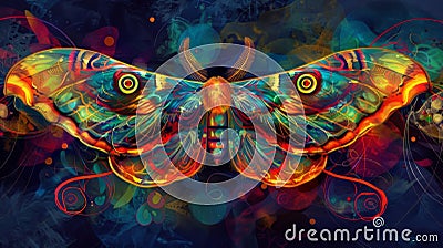 An artistic interpretation of a moths antennae with vibrant colors and swirling shapes reminiscent of a peas plumage. . Stock Photo