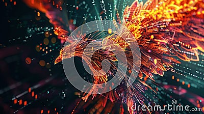 An artistic interpretation of a phoenix made up of numbers and coding languages representing the innovative nature of Stock Photo