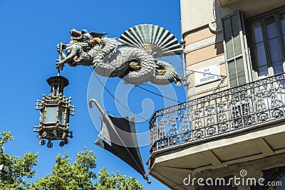 Artistic lamppost in Les Rambles of Barcelona Stock Photo