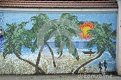 Artistic mosaic tiles wall mural at Kochi Editorial Stock Photo