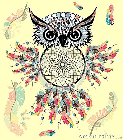 Artistic owl with Dreamcatcher. Graphic arts, dotwork Stock Photo