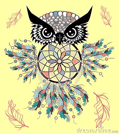 Artistic owl with Dreamcatcher. Graphic arts, dotwork. Vector Illustration