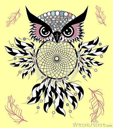Artistic owl with Dreamcatcher. Graphic arts, dotwork. Vector Illustration