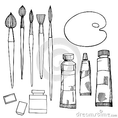 Artistic paintbrushes and paints. Vector sketch illustration. Vector Illustration