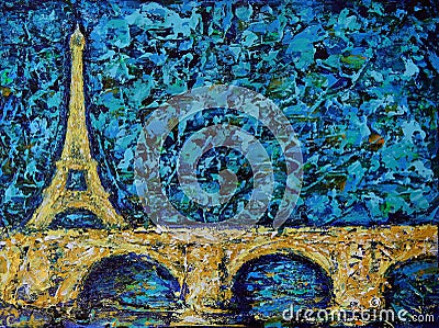 Artistic painting of the Eiffel Tower and bridge Stock Photo