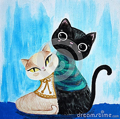 Artistic painting two cats, cozy scarves Stock Photo