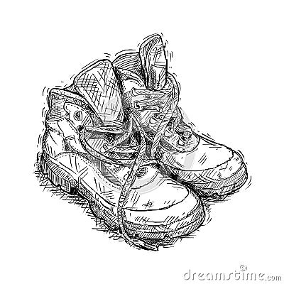 Hand Drawing of Pair of Worn Hiking Boots Cartoon Illustration