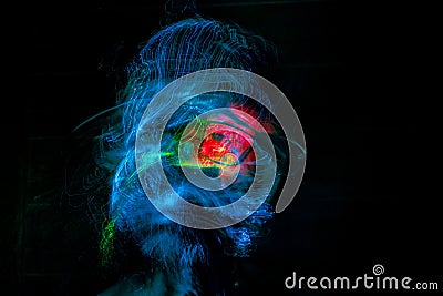 Artistic portrait made with fiber optics. Light painting photography. Day of light Stock Photo