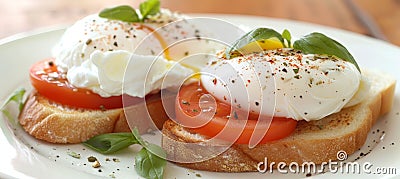 Artistic presentation of gourmet sandwich with poached eggs in professional food photography Stock Photo
