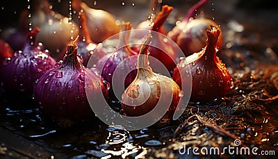 Artistic recreation of a still life of red onions with drops water in the floor Stock Photo