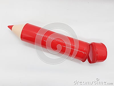 Artistic Red Writing Utensils Case with Unique Special Design of Huge Pencil Shape for Kids in White Isolated Background 05 Stock Photo