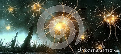 Artistic Render of Neural Network, Synapses Firing with Energy, Brain Function Concept Stock Photo