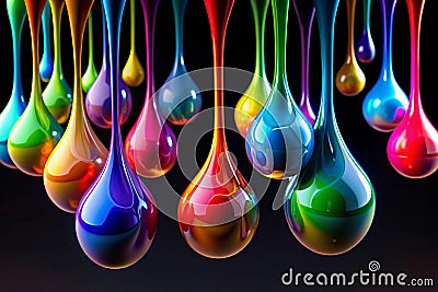 3D multicolor glossy paint drop blobs on black background Stock Photo