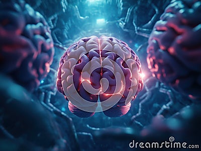 Artistic Rendering of a Glowing Brain Maze Navigating Intellectual Growth Through Symbolic Activities, Visualizing Cognitive Stock Photo