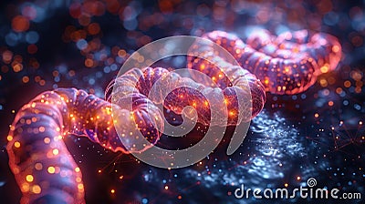 Artistic rendering of a glowing, translucent worm-like creature with a segmented body Stock Photo