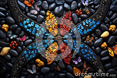 An artistic rendering of a human genome, with chromosomes arranged in pairs and connected by intricate patterns representing Stock Photo