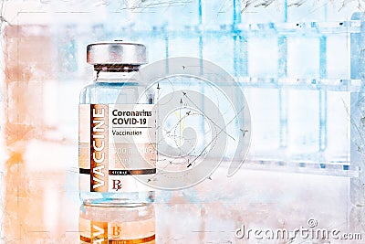 Artistic Rendering Sketch of Coronavirus COVID-19 Vaccine Vial and Test Tubes On Reflective Surface Stock Photo