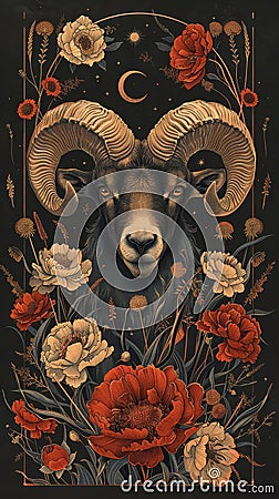 Artistic representation of Aries zodiac sign ram surrounded by vibrant red flowers and celestial symbols on a dark background Stock Photo