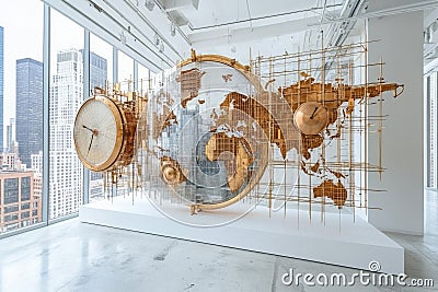 Artistic representation of a meteorological map combining elements of global mapping and timekeeping in a modern Stock Photo