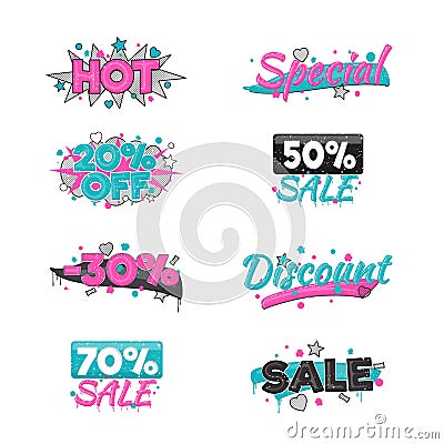 Artistic sale and discount advertising stickers Vector Illustration