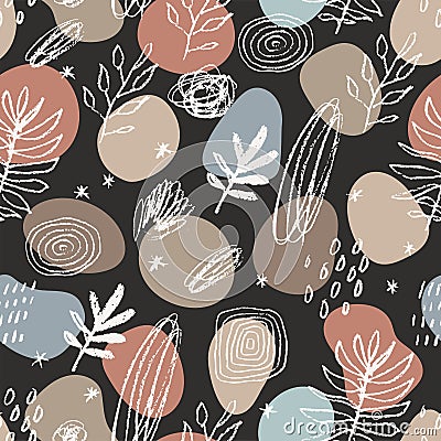 Vector seamless pattern. Curvy fluid organic shapes, natural design elements, abstract pebbles, plants, herbs, lines, leaves, Vector Illustration