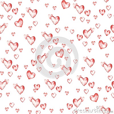 Artistic seamless pattern with watercolor hand drawn hearts isolated on white background. Paint drawing. Good for Valentine day ca Stock Photo