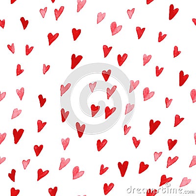 Artistic seamless pattern with watercolor hand drawn hearts isolated on white background. Stock Photo