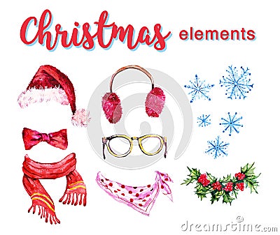 Artistic set of hand drawn watercolor winter objects isolated on white background - santa hat, furry headphones, holly wreath, sca Stock Photo