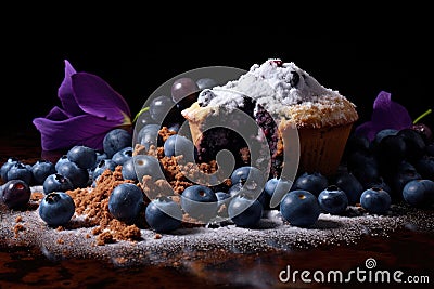 artistic shot of blueberries and muffin crumbs Stock Photo