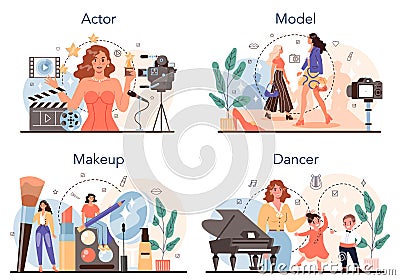 Artistic and showbusiness occupation set. Actor, dancer, make up artist Vector Illustration