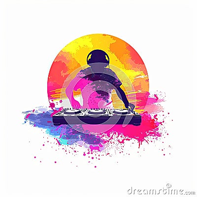 Artistic silhouette of a DJ mixing music against a sunset backdrop Cartoon Illustration