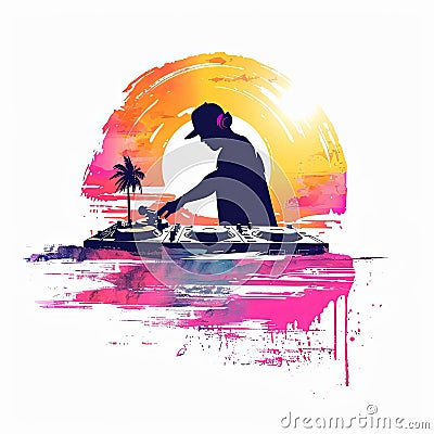 Artistic silhouette of a DJ mixing music against a sunset backdrop Cartoon Illustration