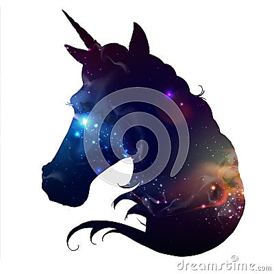 Artistic silhouette of fantasy animal unicorn on open space background. Vector Illustration