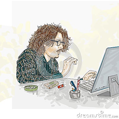 Boy at computer,Artistic silkscreen,with glasses Editorial Stock Photo