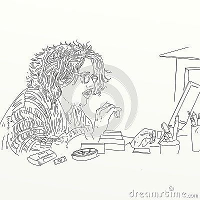 Boy at computer,Artistic silkscreen,with glasses Editorial Stock Photo