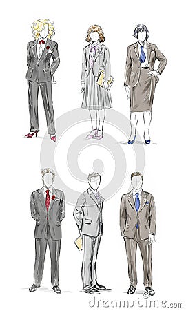 Color isolated drawing of a male and female faceless office workers in suits Stock Photo